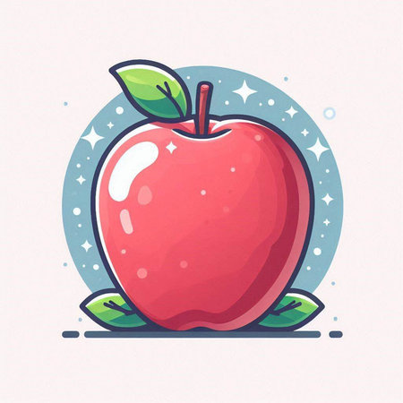 Red apple with leaves on a white background. Vector illustration in cartoon style.のイラスト素材