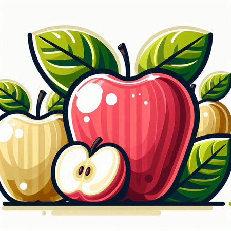 Illustration of red apple with green leaves on a white background.のイラスト素材