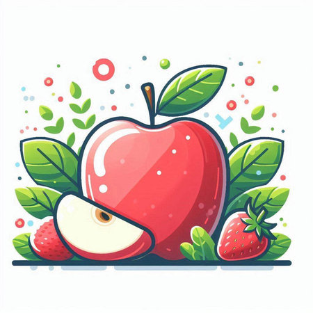 Apple and strawberry on a white background. Vector illustration in cartoon style.のイラスト素材