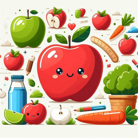 Cartoon apple character with healthy food. Vector illustration for your designのイラスト素材