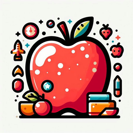 Red apple with back to school elements. Vector illustration in doodle style.のイラスト素材