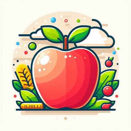 Vector illustration of a red apple with a measuring tape and green leaves on a light background.のイラスト素材