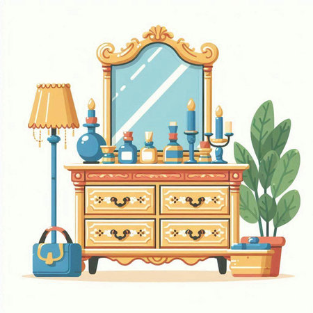 Vector illustration of vintage chest of drawers with candles, mirror and cosmetics.のイラスト素材