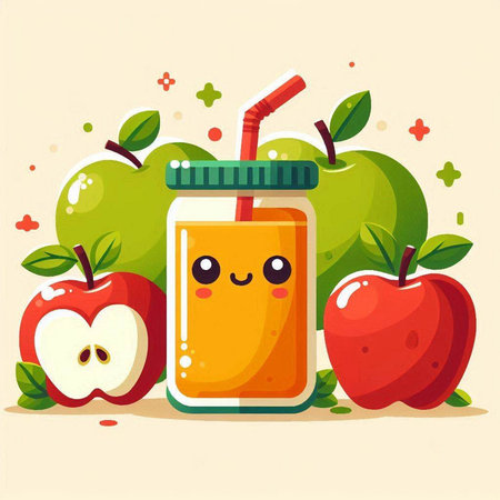 Apple juice in a jar with a straw and apples. Vector illustration.のイラスト素材