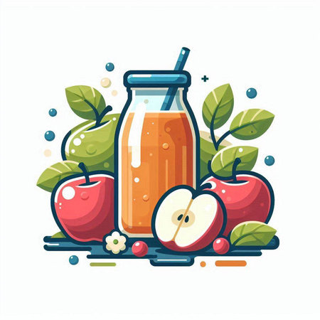 Apple juice in a glass bottle and ripe apples. Vector illustration.のイラスト素材