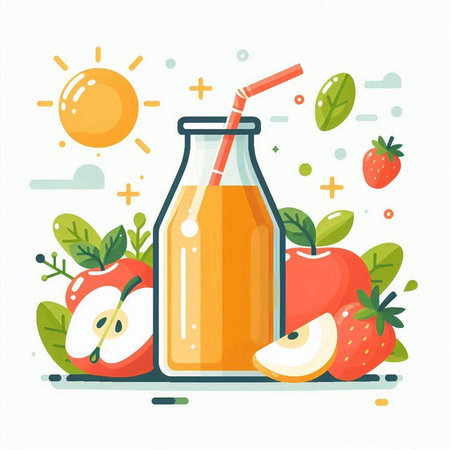 Juice in a glass bottle with a straw and apples. Vector illustration.のイラスト素材