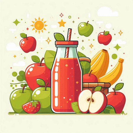 Juice in a glass bottle and fresh apples and bananas. Vector illustration.のイラスト素材