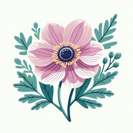 Hand drawn vector illustration of anemone flower with green leaves.のイラスト素材