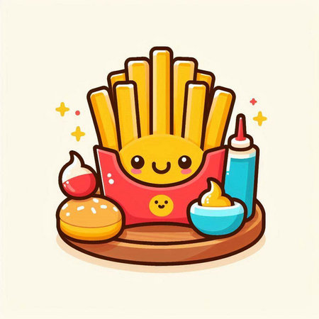 Cute french fries with sauce, kawaii cartoon vector illustration.のイラスト素材