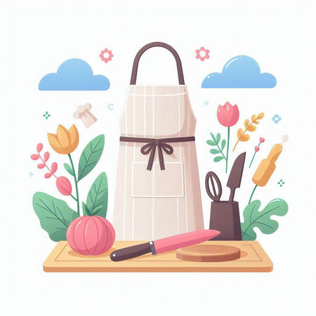 Kitchen utensils and flowers. Vector illustration in flat styleのイラスト素材
