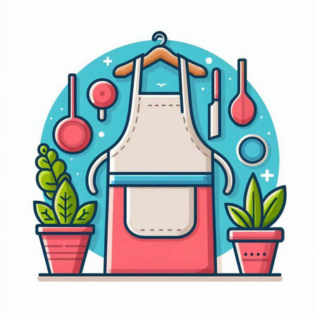 Kitchen utensils and houseplants. Vector illustration in flat styleのイラスト素材