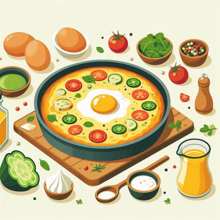 Illustration of omelette in a frying pan with vegetables.のイラスト素材