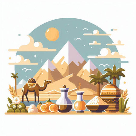 Vector illustration of egyptian landscape with camels and mountains in flat style.のイラスト素材