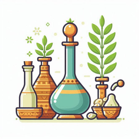 Set of decorative vases with herbs and spices. Vector illustration.のイラスト素材