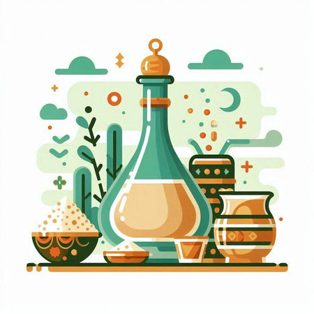Olive oil in a glass bottle. Vector illustration in flat style.のイラスト素材