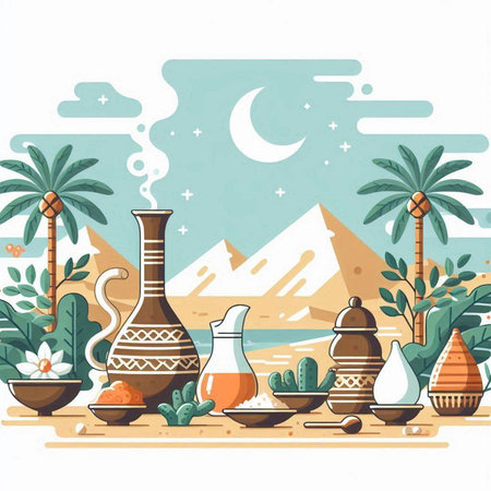 Flat design illustration of desert landscape with egyptian vases, palm trees and mountains.のイラスト素材