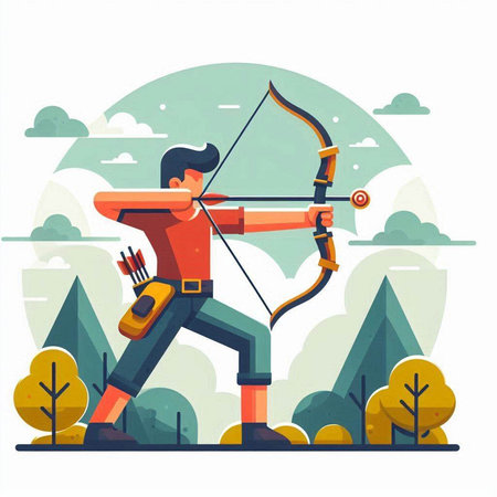 Archery sport vector illustration. Cartoon man with bow and arrow hunting for prey.のイラスト素材