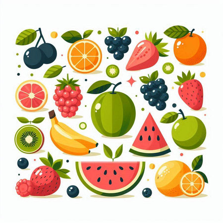 Fruits and berries icons set. Vector illustration in flat style.のイラスト素材