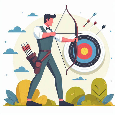 Archery flat vector illustration. Cartoon man with bow, arrow and target.のイラスト素材