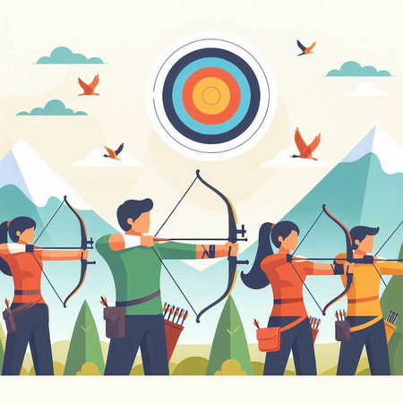 Archery sport vector illustration. Cartoon archery people with bow and arrow shooting at target in nature background.のイラスト素材