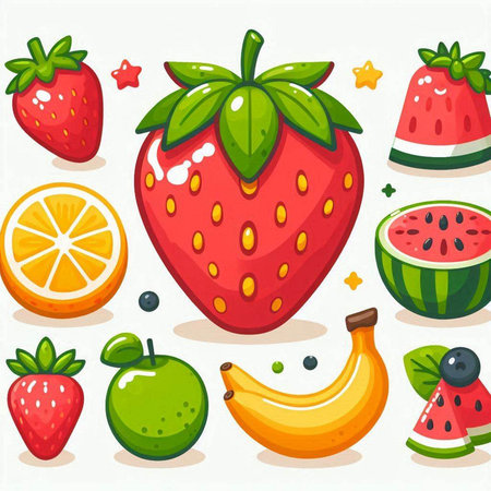 Fruit and berry icons set. Strawberry, banana, apple, watermelon, orange, grapefruit, strawberry, lemon.のイラスト素材