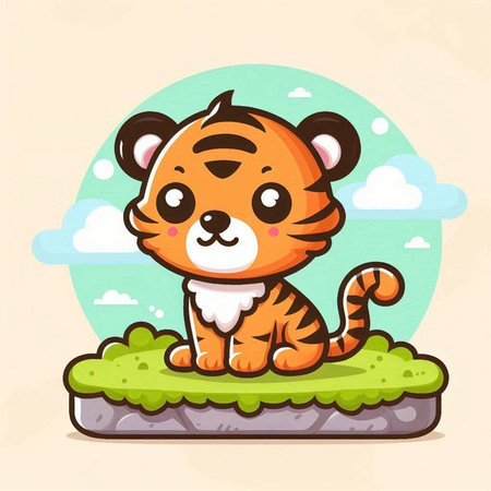 Cute tiger sitting on the grass. Cute cartoon vector illustration.のイラスト素材