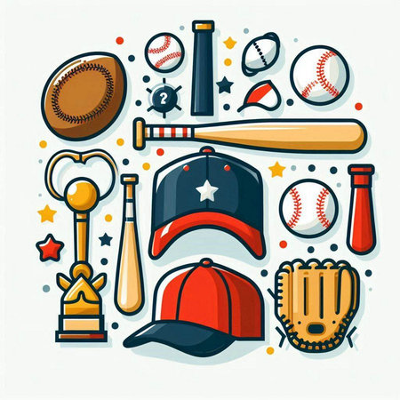 Baseball sport equipment icons set. Vector illustration in flat style.のイラスト素材