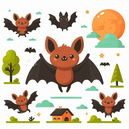 Set of cute cartoon flying bats. Vector illustration in flat style.のイラスト素材