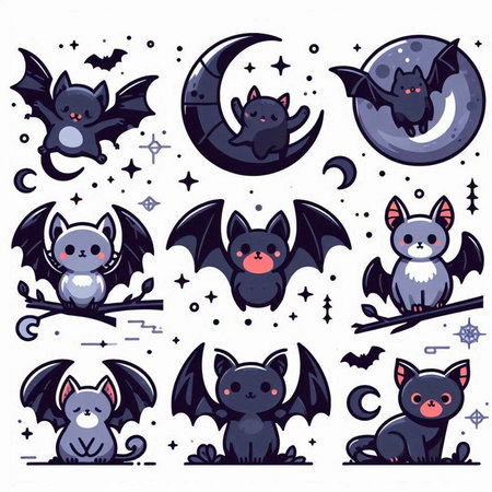 Halloween set of cute cartoon bats and bats. Vector illustration.のイラスト素材