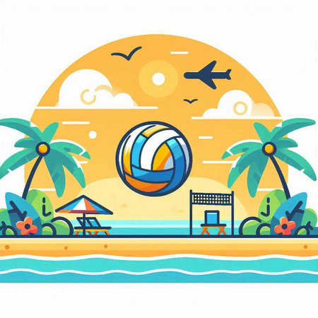 Beach with palm trees and inflatable ball. Vector illustration.のイラスト素材