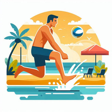 Vector illustration of a man jumping on the beach. Summer vacation concept.のイラスト素材