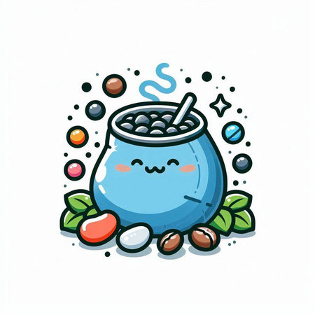 Cute cartoon illustration of a pot of coffee with beans and candies.のイラスト素材