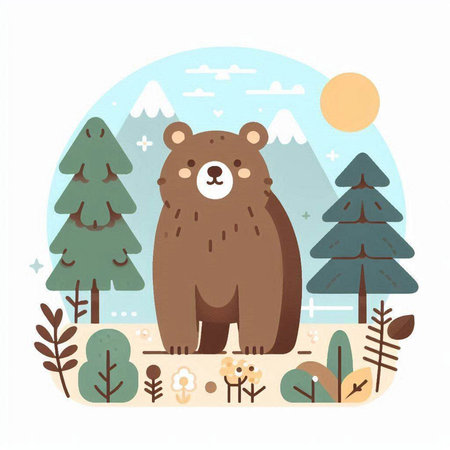 Cute bear in the forest. Vector illustration in flat style.のイラスト素材