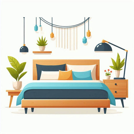 Vector illustration of a bedroom interior with a double bed, lamp and plants.のイラスト素材