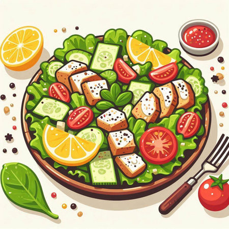 Vegetarian salad with tofu, cucumber, tomato and herbs. Vector illustration.のイラスト素材