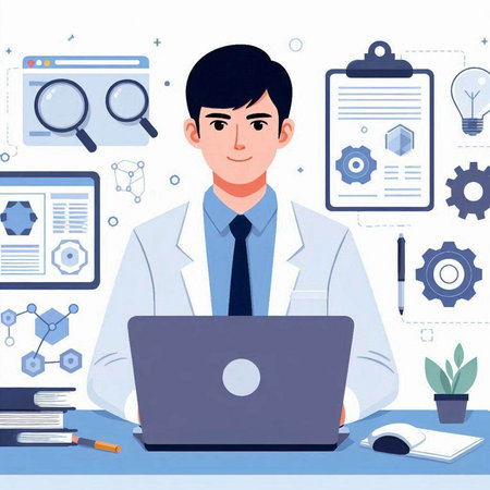 Vector illustration of a young male doctor in a white coat sitting at a table with a laptop.のイラスト素材