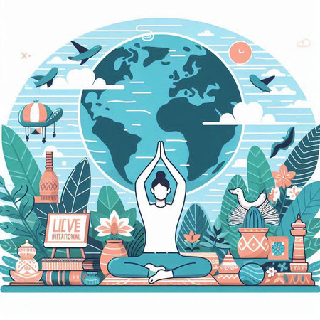 Vector illustration of yoga and travel around the world. Concept for your designのイラスト素材