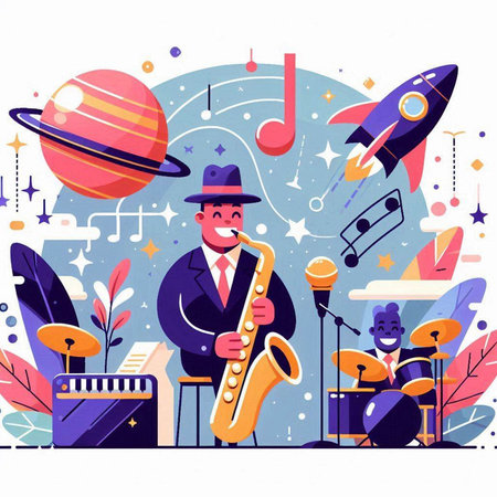 Jazz music festival flat vector illustration. Cartoon musician playing saxophone and playing musical instruments, planets, music instruments, rocket, music notes and stars on background.のイラスト素材