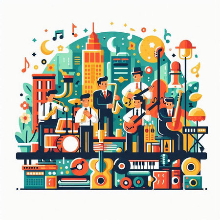 Music festival in the city. Flat style vector illustration on white background.のイラスト素材