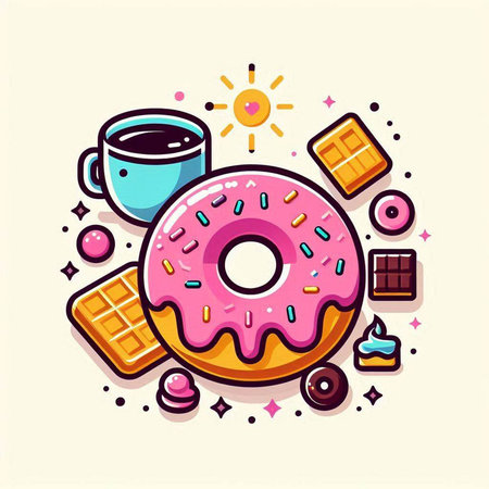 Vector illustration of donut, cup of coffee, candies and sweets.のイラスト素材
