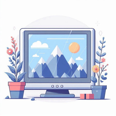 Computer screen with mountains and flowers. Vector illustration in flat style.のイラスト素材