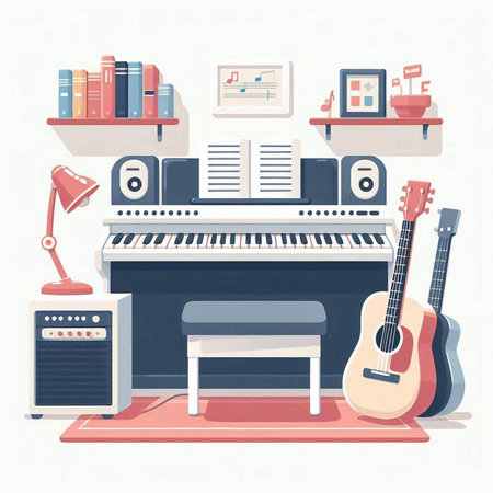 Vector illustration of a living room interior with furniture, bookshelf, clock, nightstand, coffee table and other things.のイラスト素材