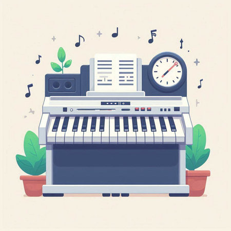 Piano keyboard and musical notes. Vector illustration in flat style.のイラスト素材