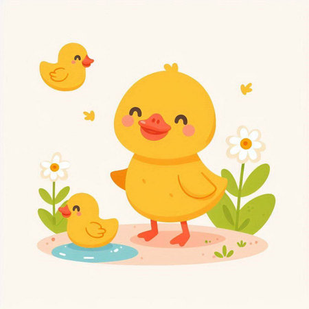 Cute little yellow duckling with ducklings, vector illustration.のイラスト素材