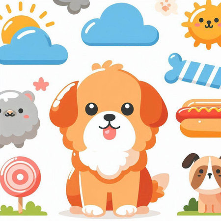 Seamless pattern with cute cartoon dogs and sweets. Vector illustration.のイラスト素材