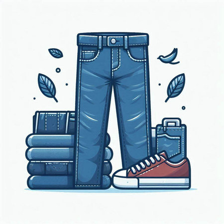 Vector illustration of blue jeans, sneakers and bag on white background.のイラスト素材
