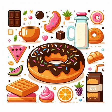 Donut, chocolate, coffee, milk, ice cream, donuts, dessert. Vector illustrationのイラスト素材