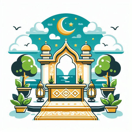 Illustration of Muslim shrine with crescent moon and clouds in the backgroundのイラスト素材