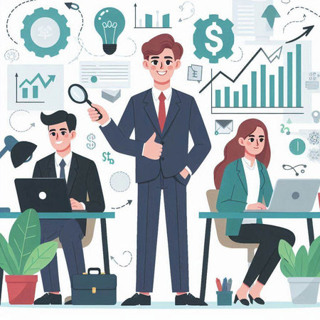 Businessman and businesswoman working together in office. Flat vector illustration.のイラスト素材