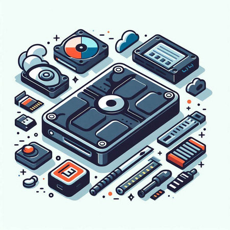 Flat 3d isometric vector illustration of memory card with different icons.のイラスト素材